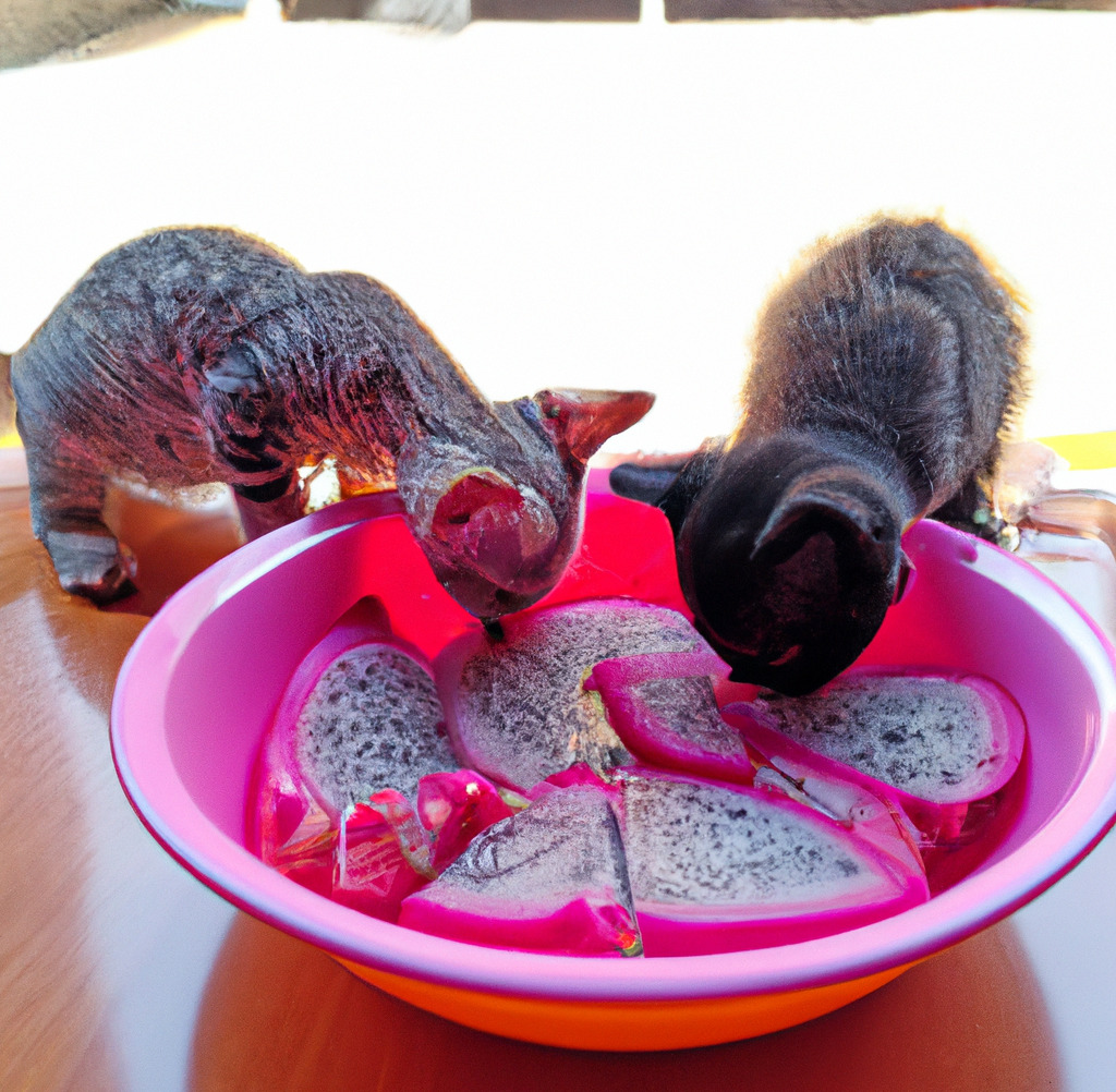 Kittens eating dragon fruits